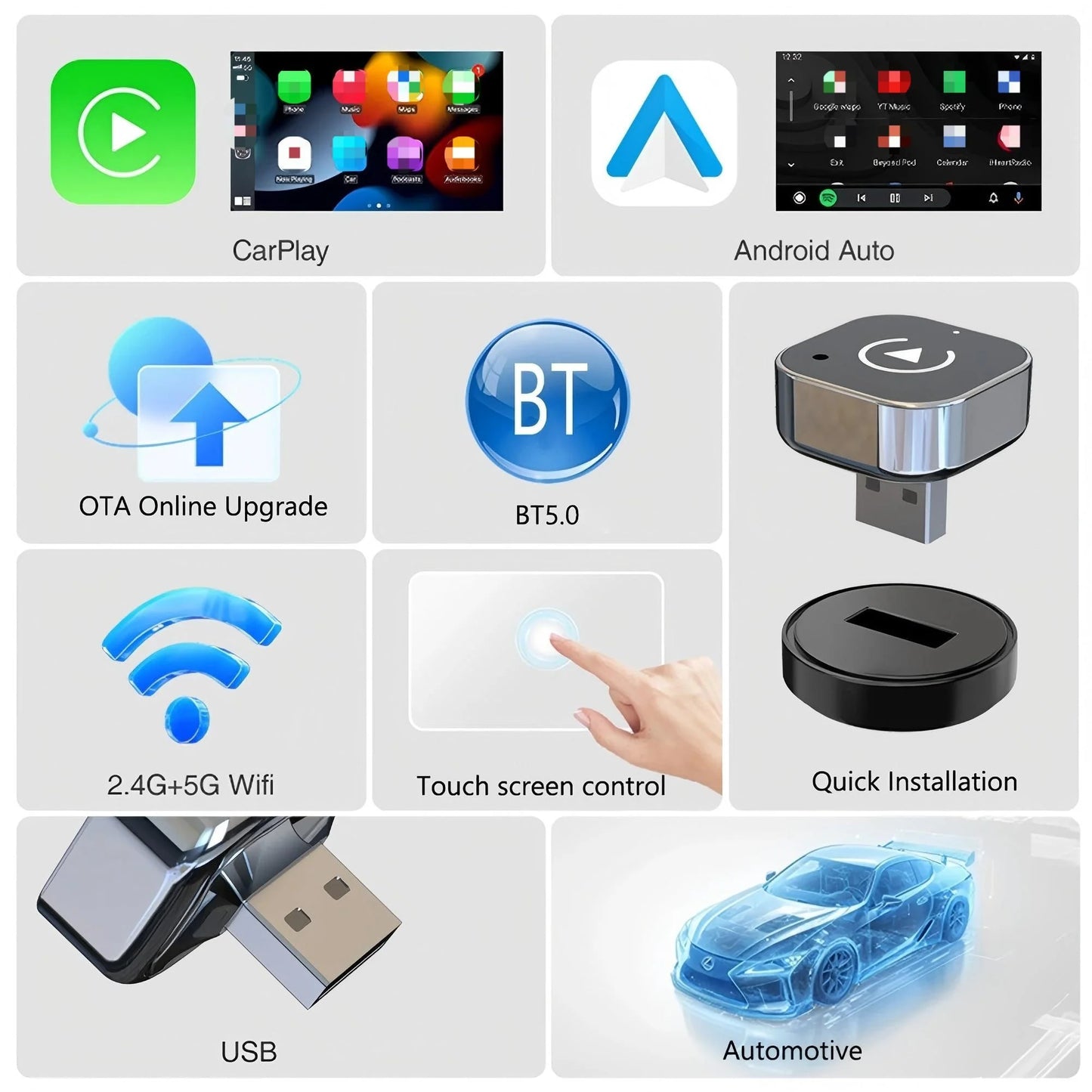 2In1 Carplay Adapter Apple AI Android Auto Car Play Smart Box Car Intelligent Systems for Toyota Honda Autosky Vw Sky Wireless